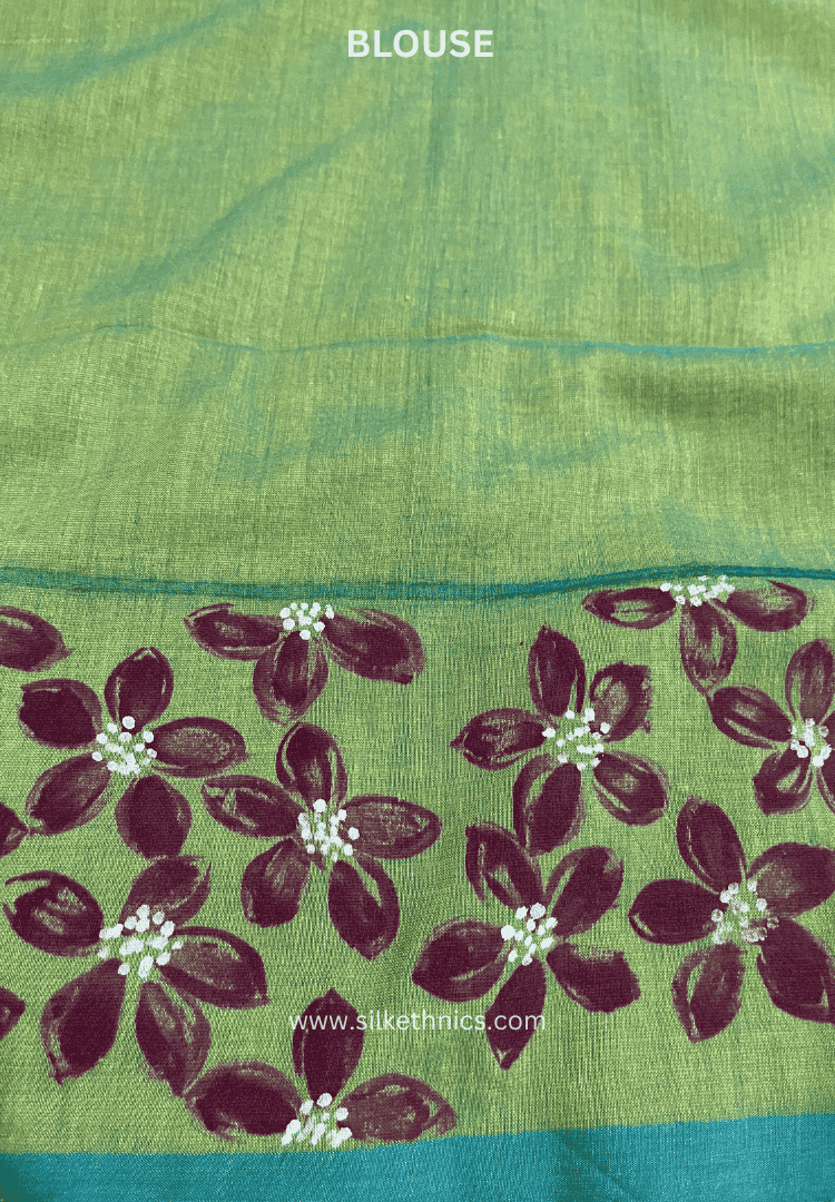 Lime green floral handpainted saree