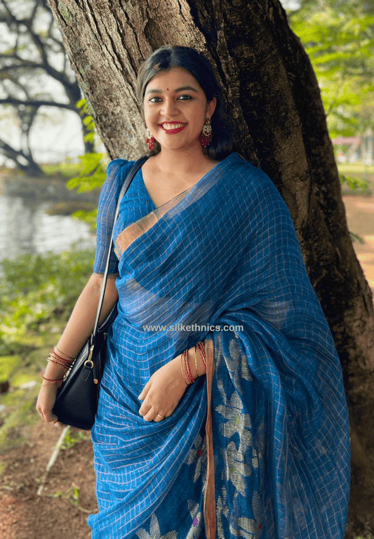 Royal blue pure linen handloom Aalia saree