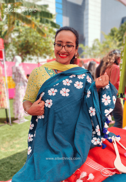 Teal green Swetha Mul cotton saree