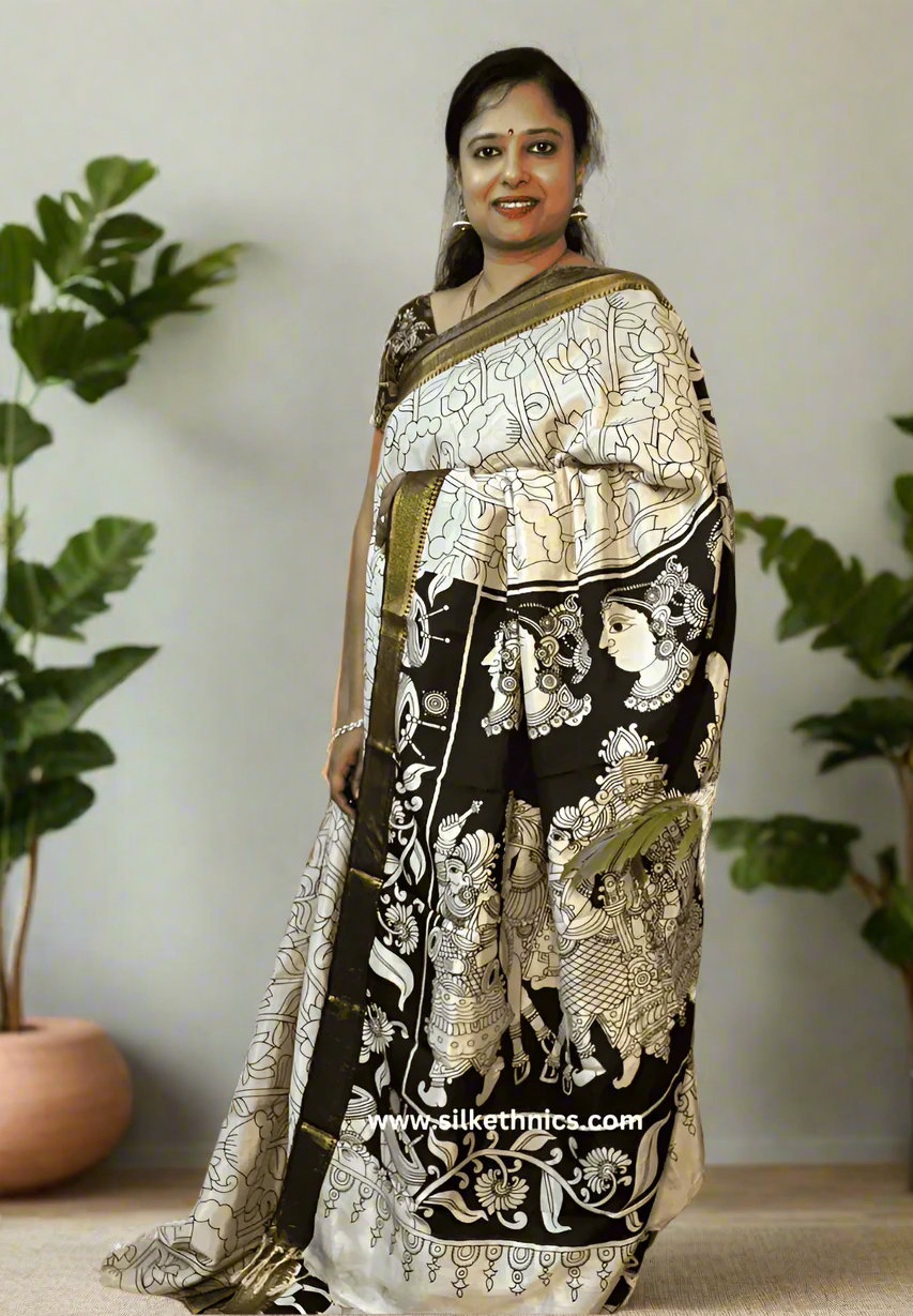 Black and white floral Kalakriti silk saree
