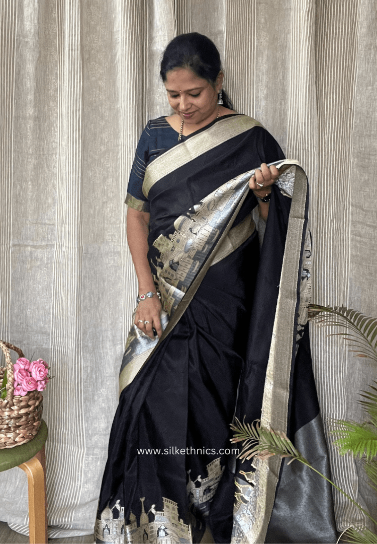 Majestic black Gangaghat Banarasi saree