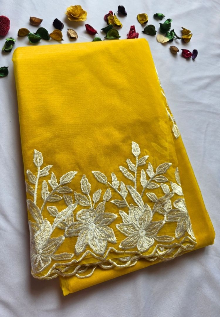 Golden Yellow Banarasi organza embroidered cutwork saree