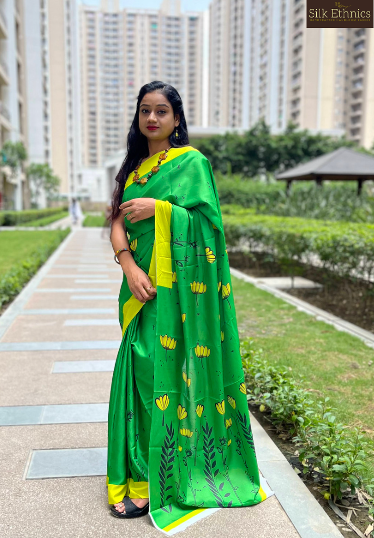 Green and yellow soft mashru silk saree