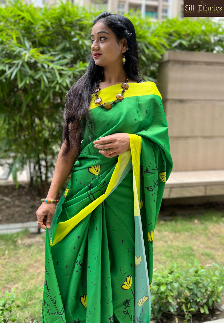 Green and yellow soft mashru silk saree