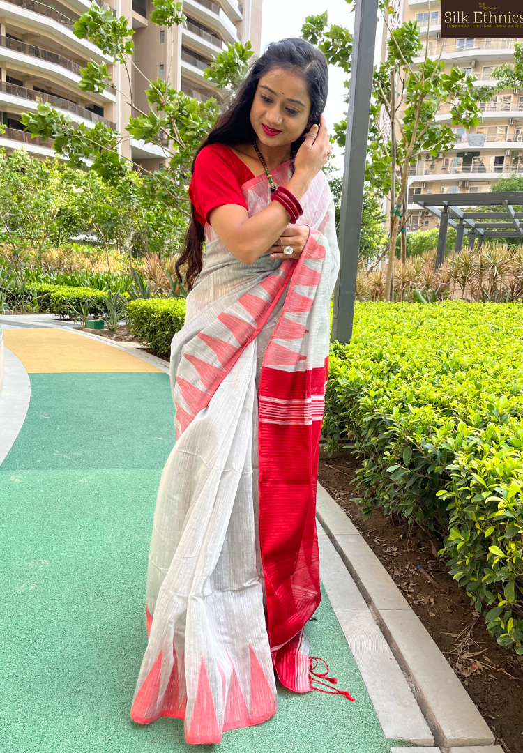 Silver grey and red temple border saree