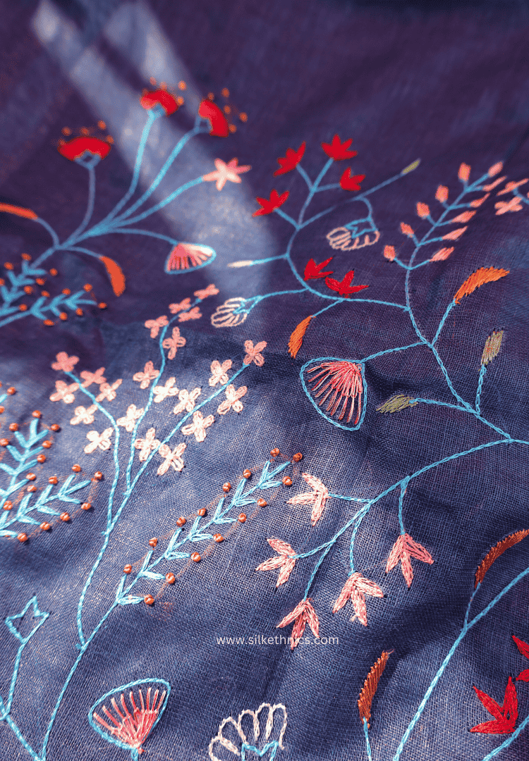 Indigo blue embroidered Sitara linen saree