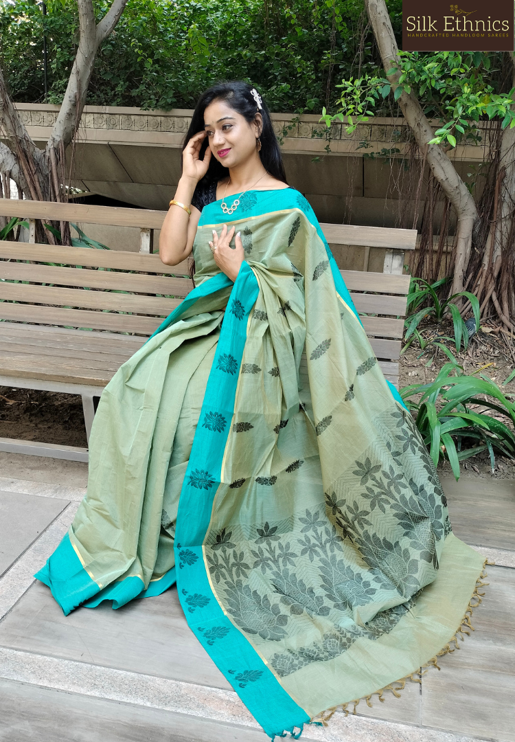 Mint green pure handloom cotton saree