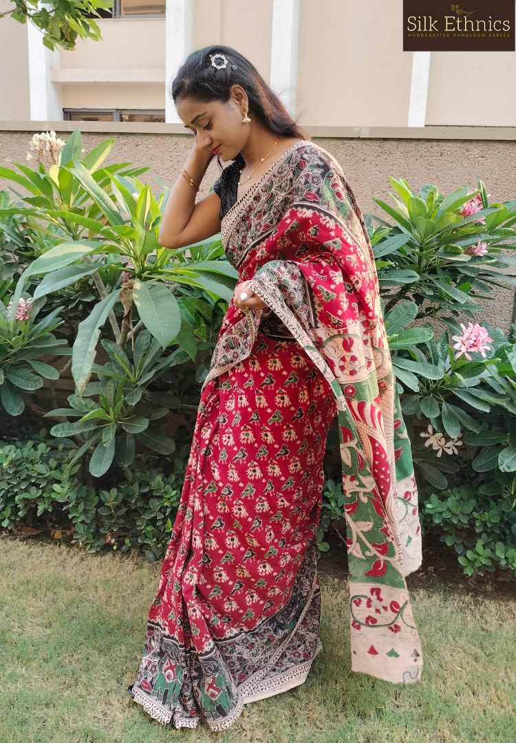 Rich red Kalamkari Mahati mulcotton saree