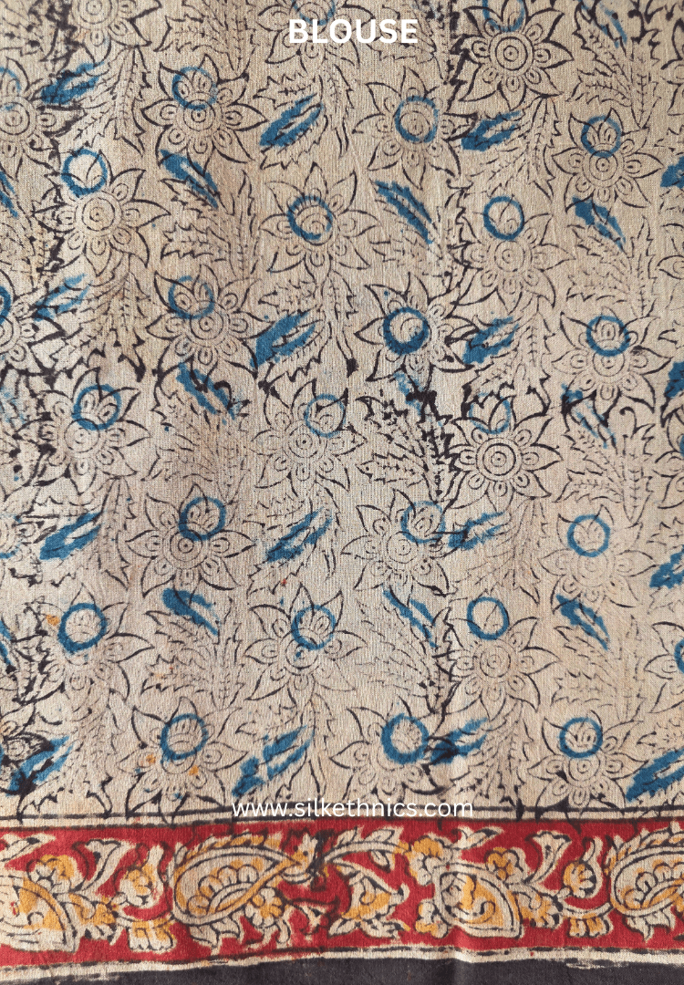 Floral Black Kalamkari Block Printed Mul Cotton Saree