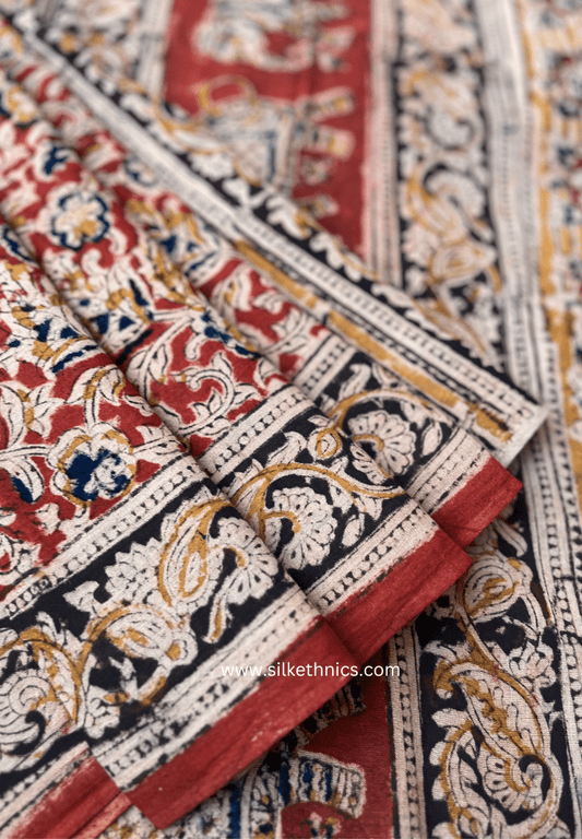 Red Kalamkari Block Printed Mul Cotton Saree