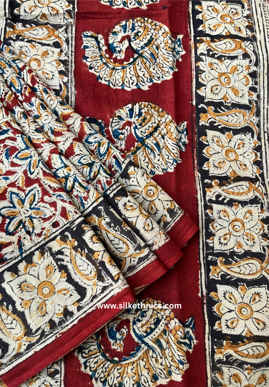 Red Floral Kalamkari Block Printed Mul Cotton Saree