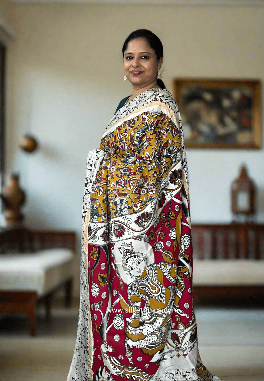 Mustard Kalamkari Silk saree