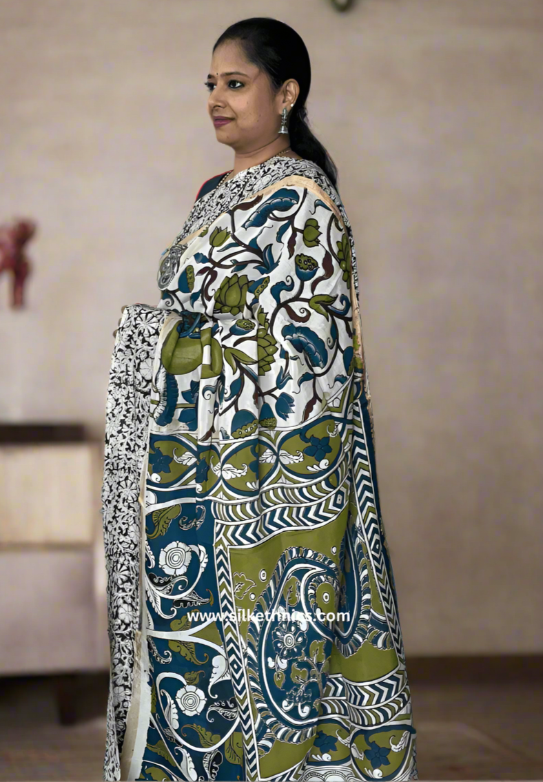 White floral Kalamkari Silk saree