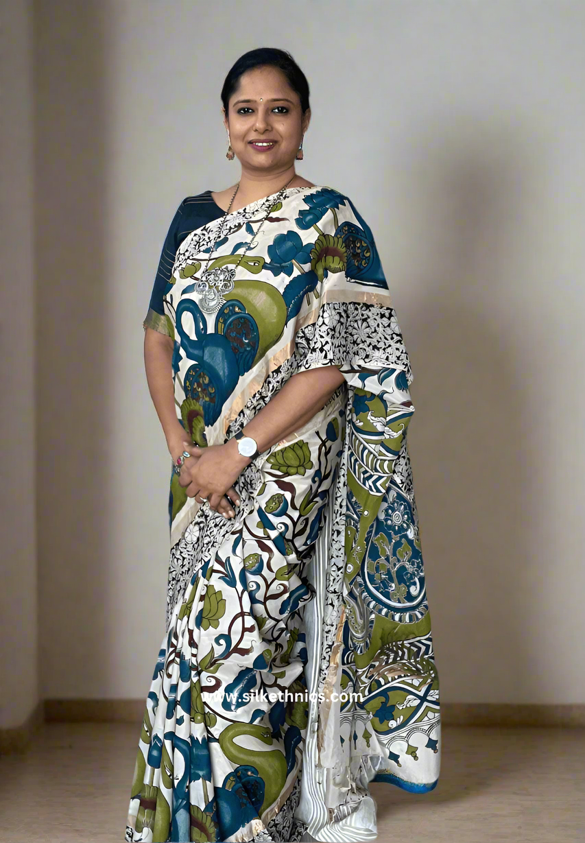White floral Kalamkari Silk saree