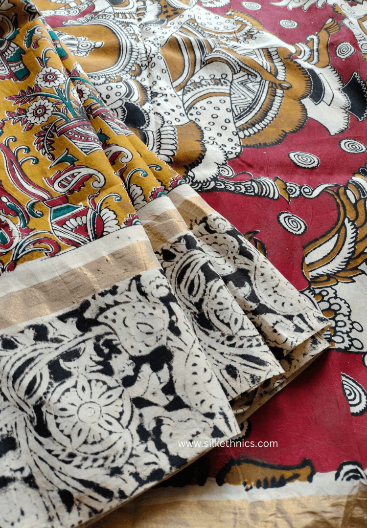 Mustard Kalamkari Silk saree