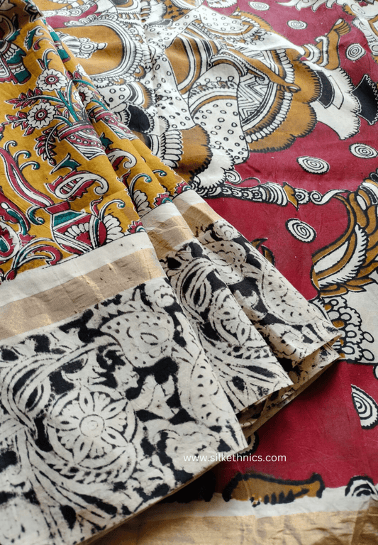 Mustard yellow Kalamkari Silk saree