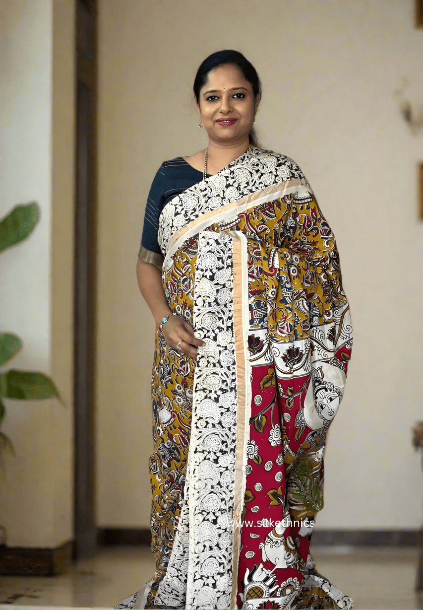 Mustard Kalamkari Silk saree