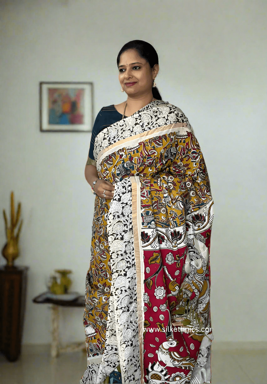 Mustard Kalamkari Silk saree