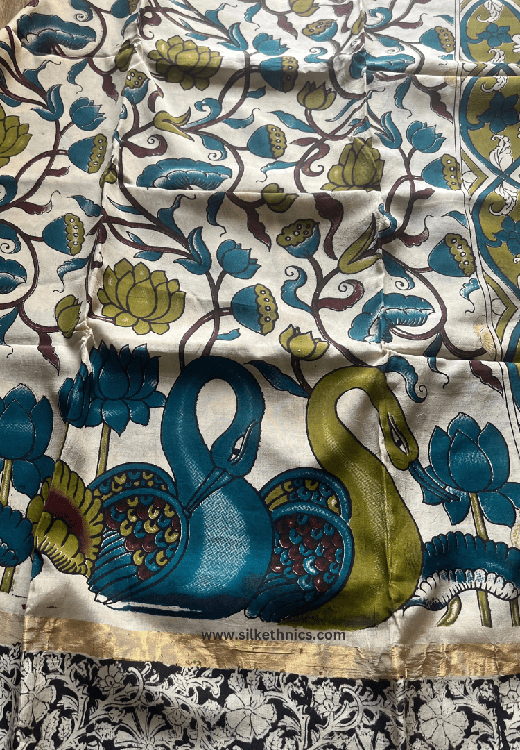 White floral Kalamkari Silk saree