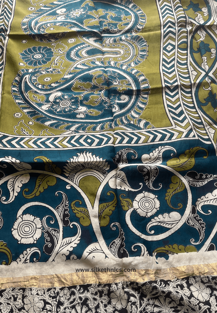 White floral Kalamkari Silk saree