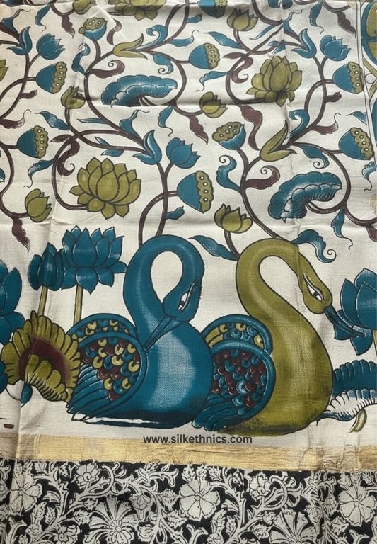 White floral Kalamkari Silk saree