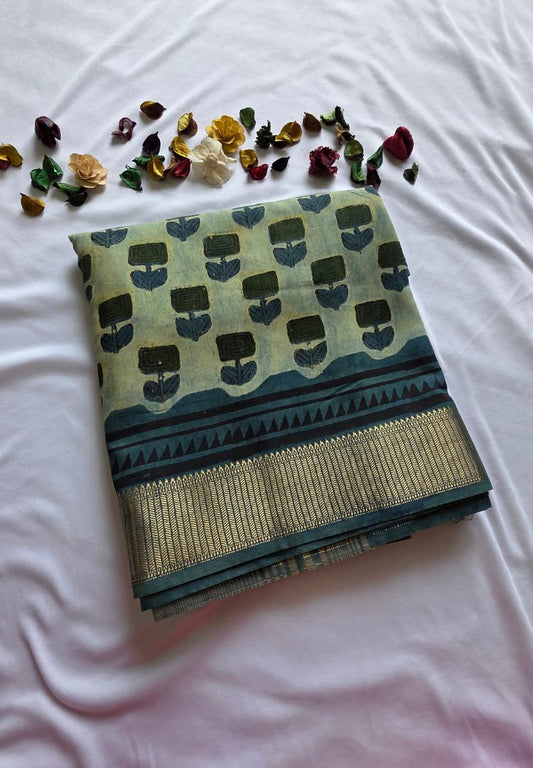 Leaf green Ajrakh hand blockprinted Maheswari silk saree