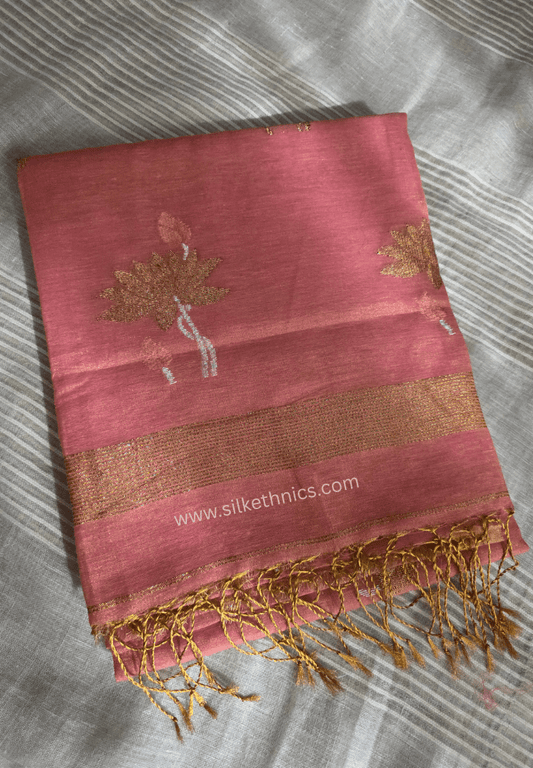 Pink and Gold Lotus Tissue Linen handloom Saree