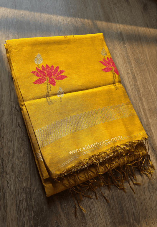 Yellow Gold Lotus Tissue Linen handloom Saree