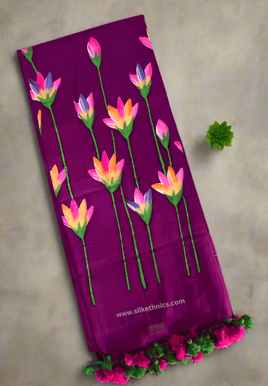 Purple handpainted mulcotton saree