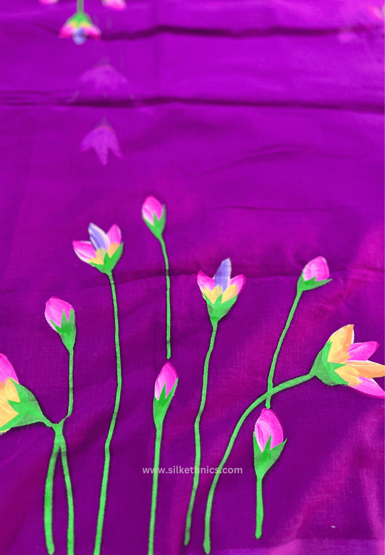 Purple handpainted mulcotton saree