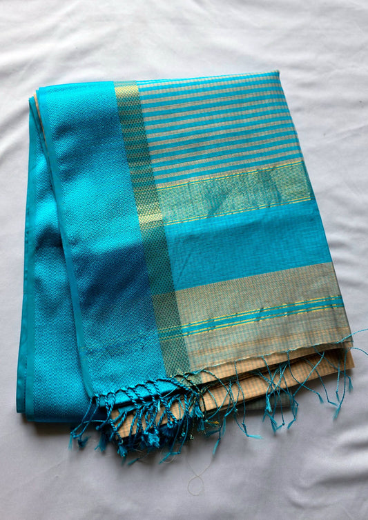 Sky Blue Maheshwari Pure Handloom Silk saree