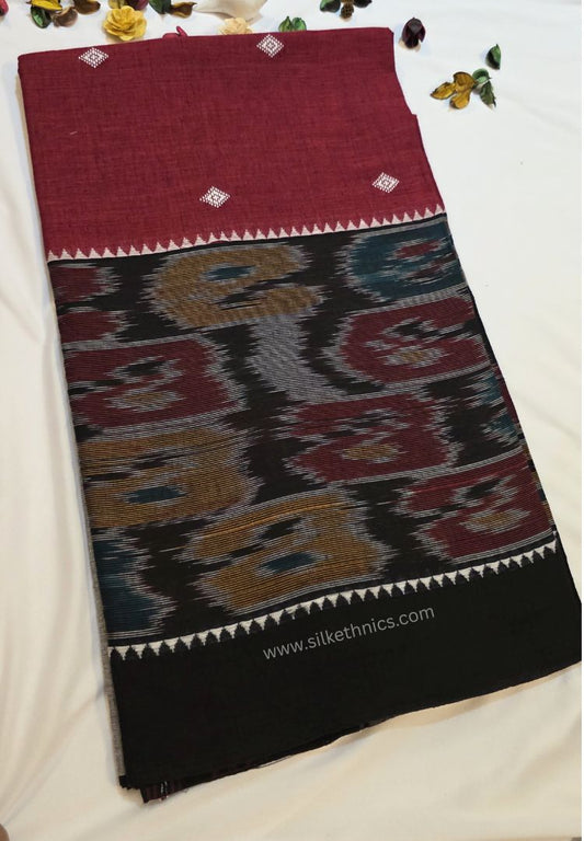 Deep Red and Black Dhaniakhali Bengal Handloom Ikkat Cotton saree