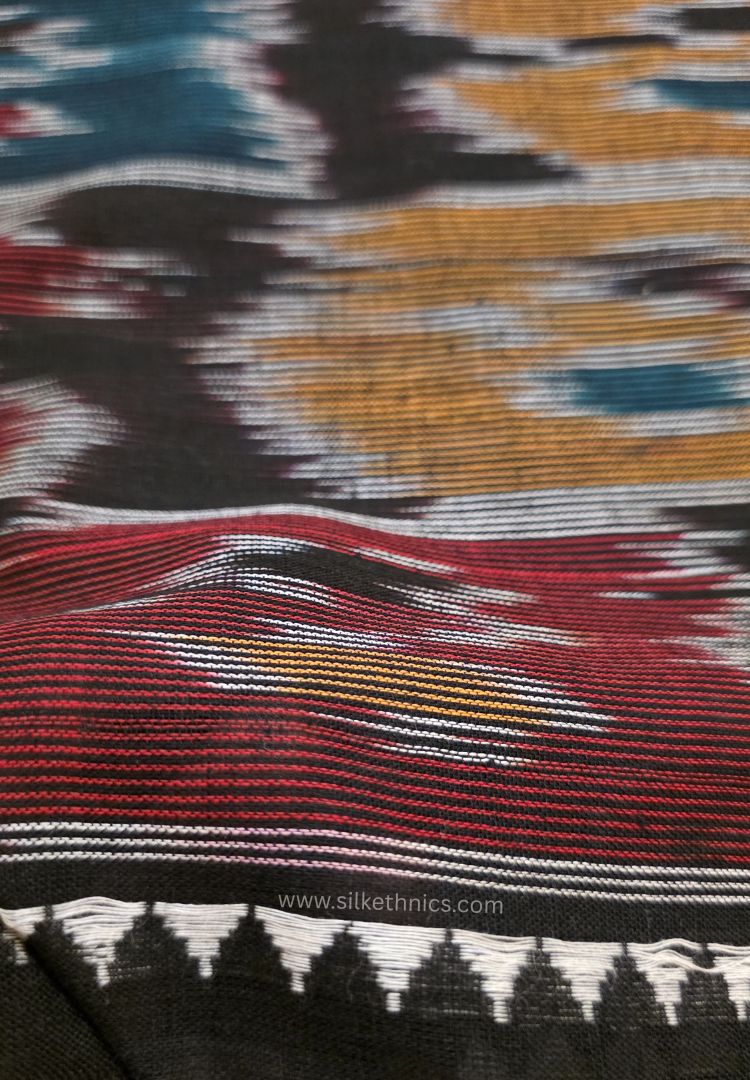 Deep Red and Black Dhaniakhali Bengal Handloom Ikkat Cotton saree