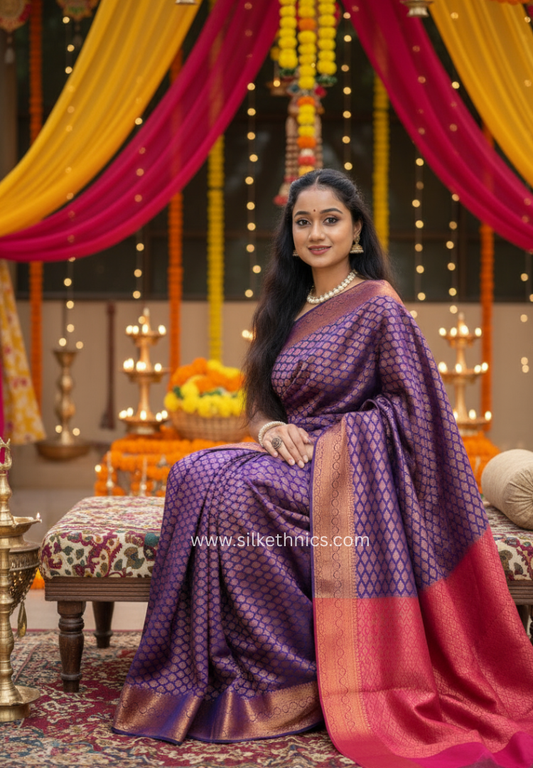 Indigo blue Meena copper zari weaving soft silk saree