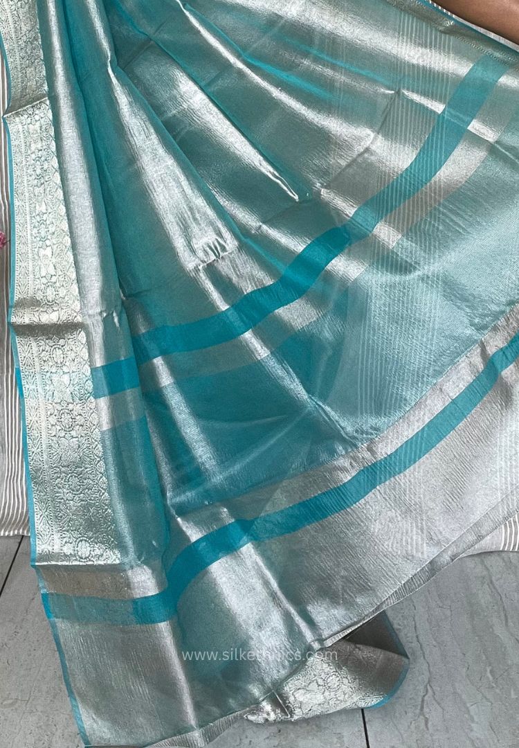 Pastel Teal Banarasi Crushed Tissue saree