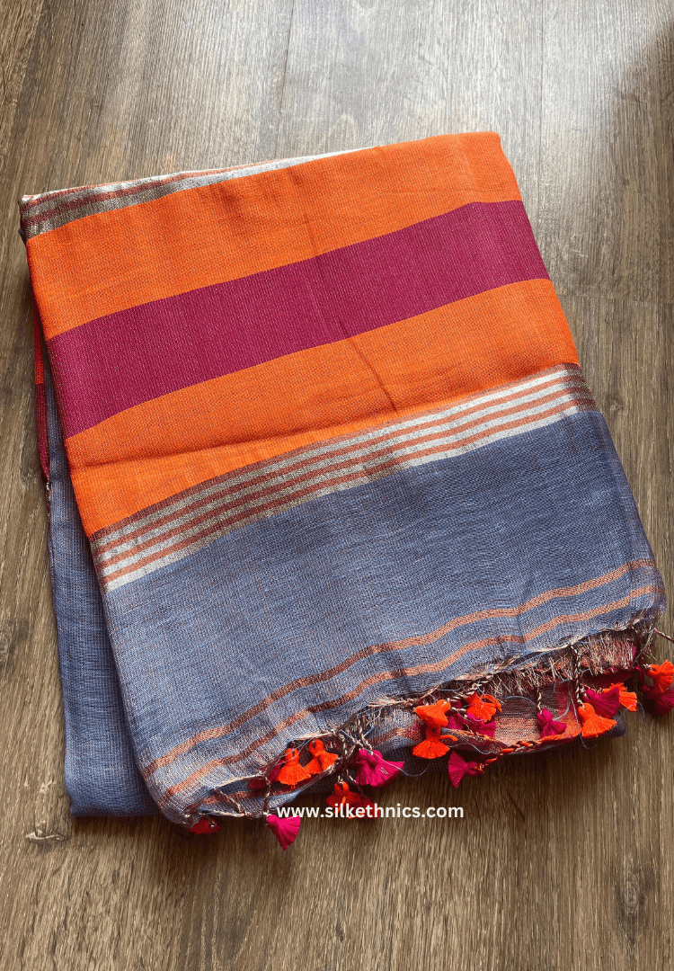 Sky blue metallic tissue linen saree
