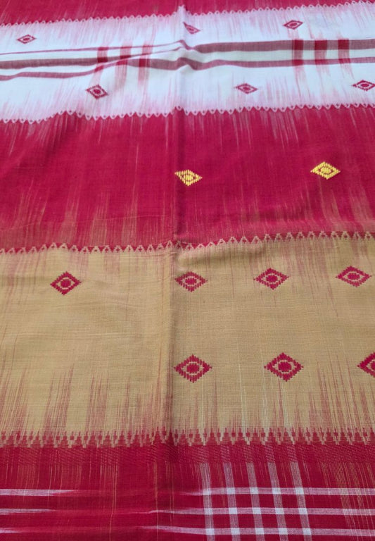 Mustard Yellow and Red Dhaniakhali Handloom Ikkat Cotton saree