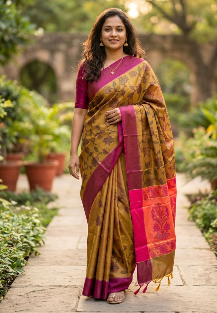 Full drape of a mustard and gold Ikkat semi katan silk saree with pink pallu