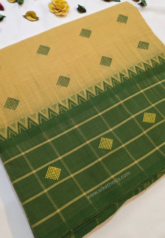 Mustard Yellow and Green Dhaniakhali Handloom Ikkat Cotton saree