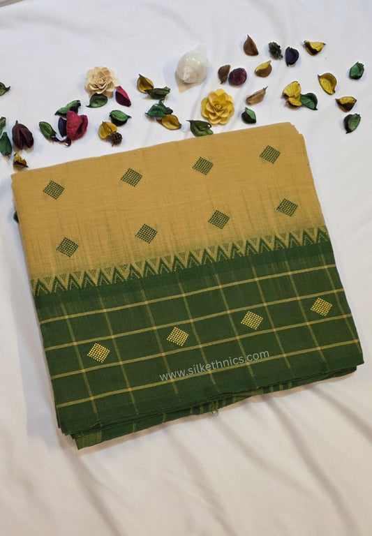 Mustard Yellow and Green Dhaniakhali Handloom Ikkat Cotton saree