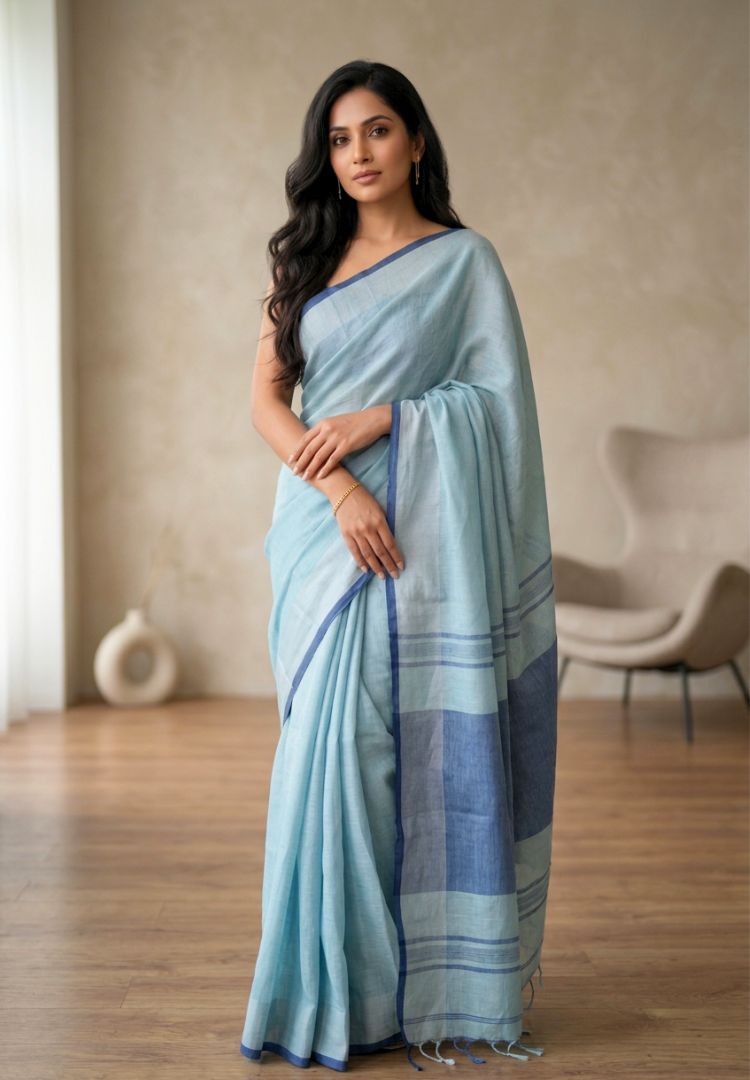 Ocean blue Varnika handloom linen saree, photo 2 of 2