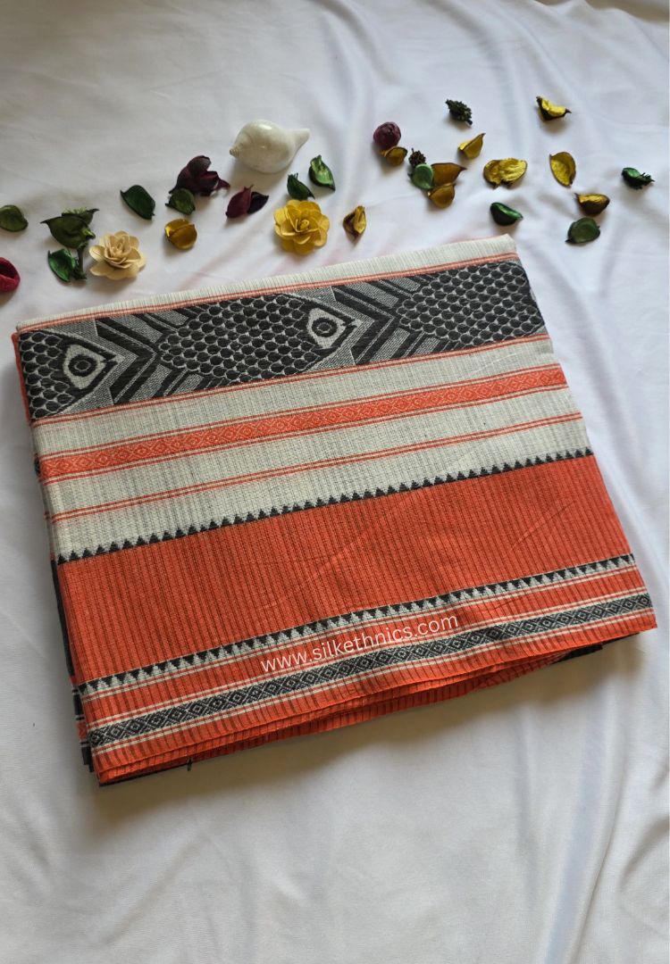 Off white and Orange Dhaniakhali Handloom Ikkat Cotton saree