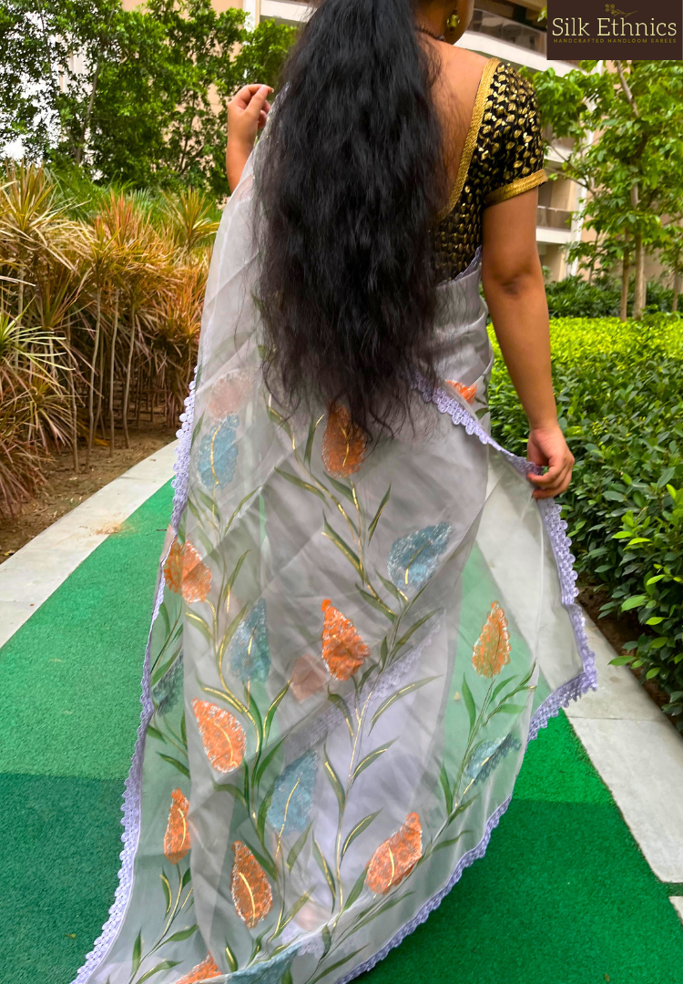 Ready to wear handpainted soft organza saree
