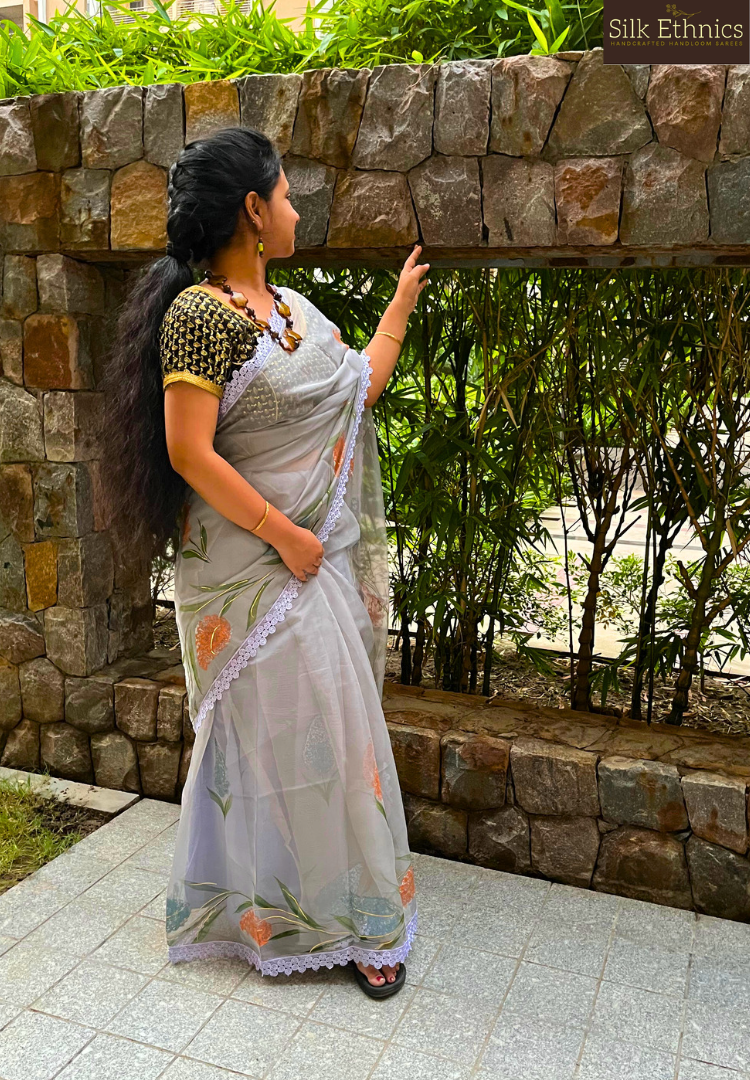 Ready to wear handpainted soft organza saree