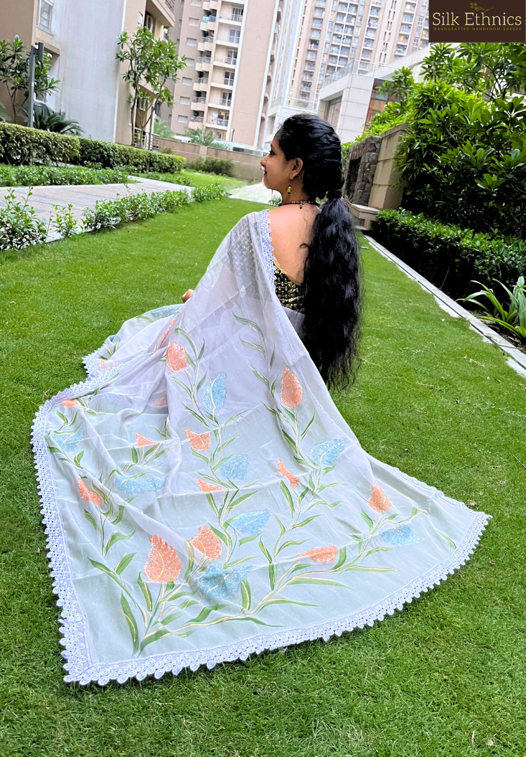 Ready to wear handpainted soft organza saree