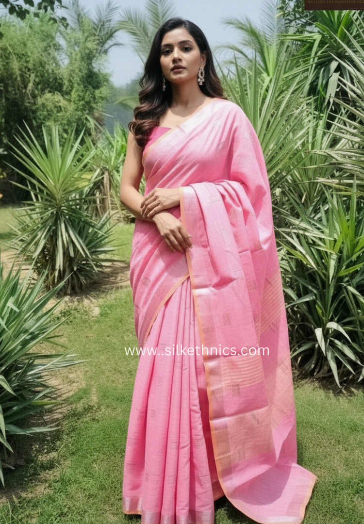 Pastel pink slub linen saree