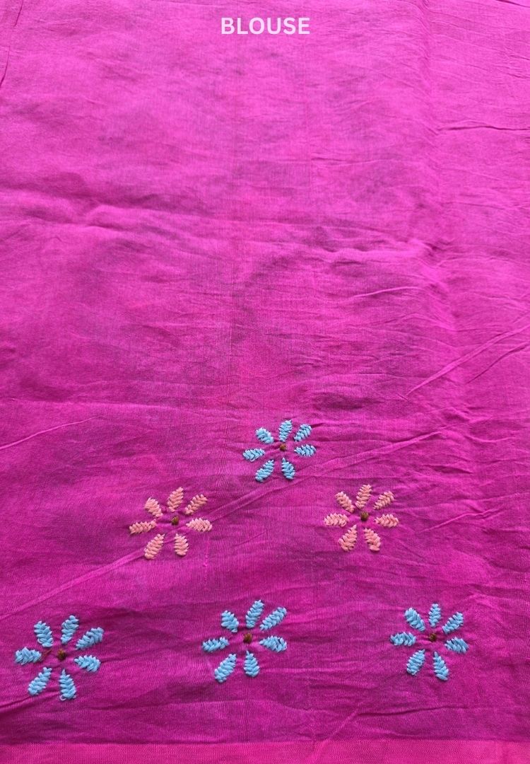Hot Pink pure cotton saree with Parsi Bullion knot stitch