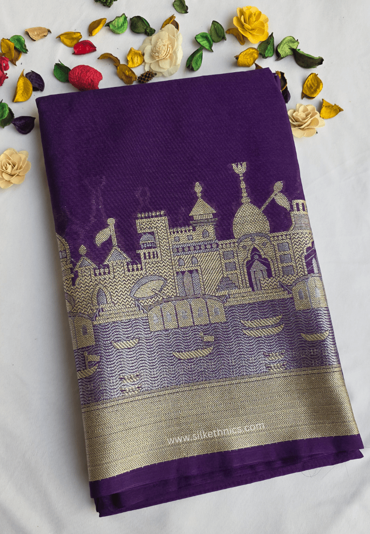 Royal Purple Ganga Ghat Banarasi silk saree
