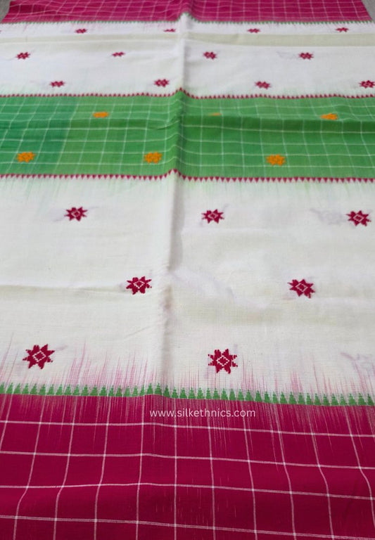 Red and White Dhaniakhali Bengal Handloom Ikkat Cotton saree