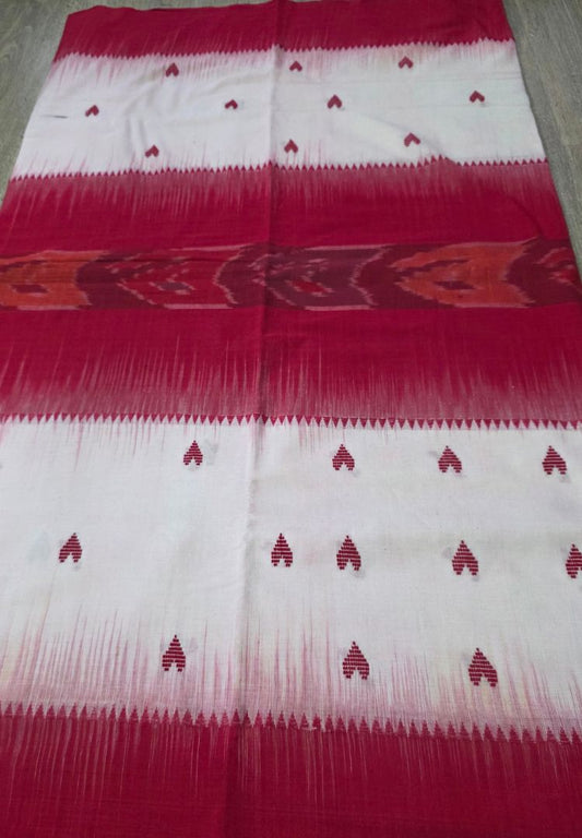 Red and White Dhaniakhali Handloom Ikkat Cotton saree